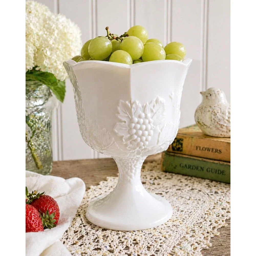 Vintage Milk Glass Grape‎ Pedestal Bowl Compote White Scalloped Dish